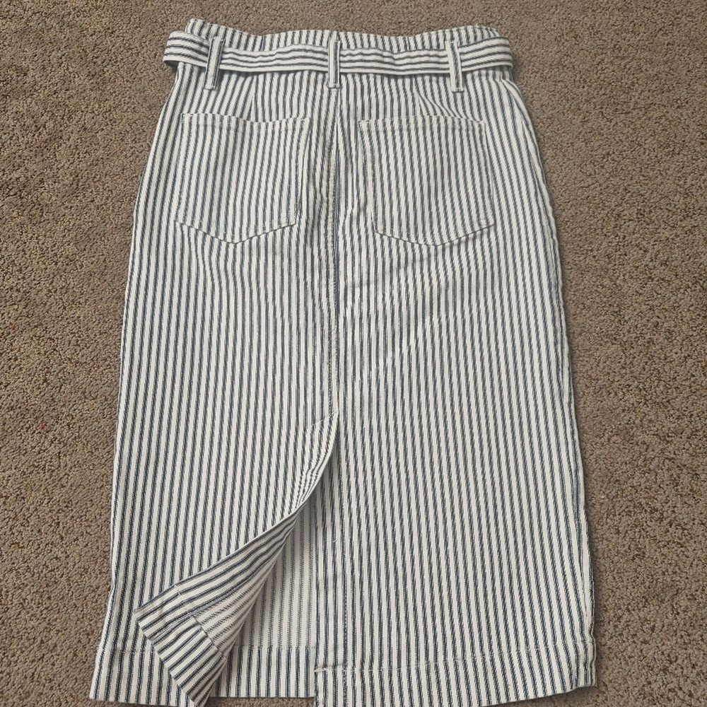 NWT J.Crew Denim Hickory‎ Stripe Tie-Waist Pencil Skirt Blue White Size 25 AO470 - Picture 3 of 11